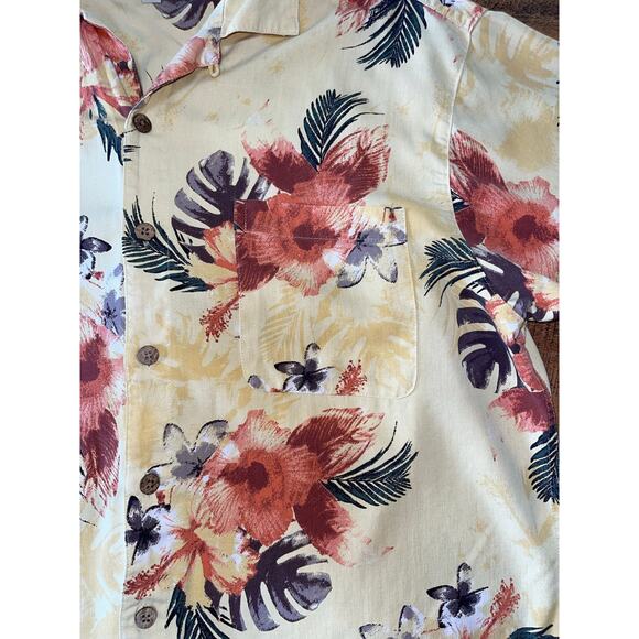 Mens Island Shores Yellow 100% Silk Tropical Floral Print Hawaiian Shirt XL - Picture 4 of 7
